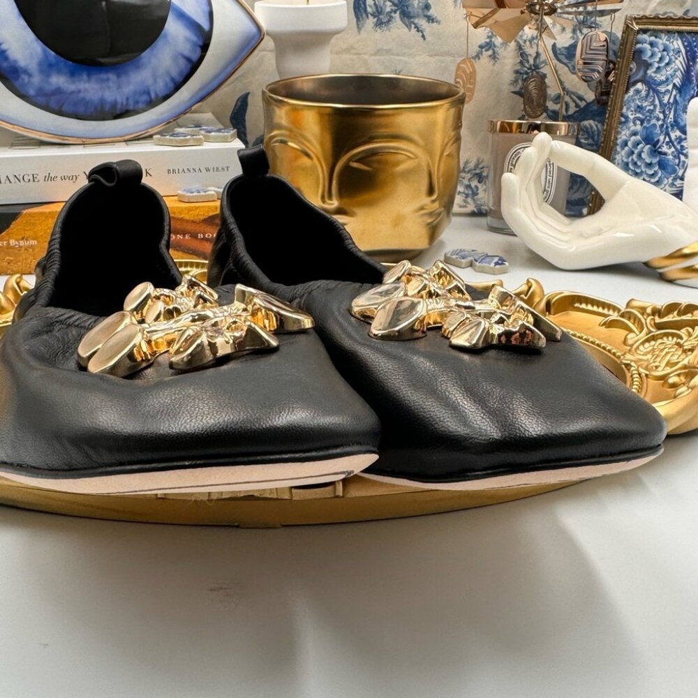 🆕 TORY BURCH 🧿 BNWOB Black Sheepskin Leather Abstract Logo Scrunch Ballet Flat - Picture 11 of 15
